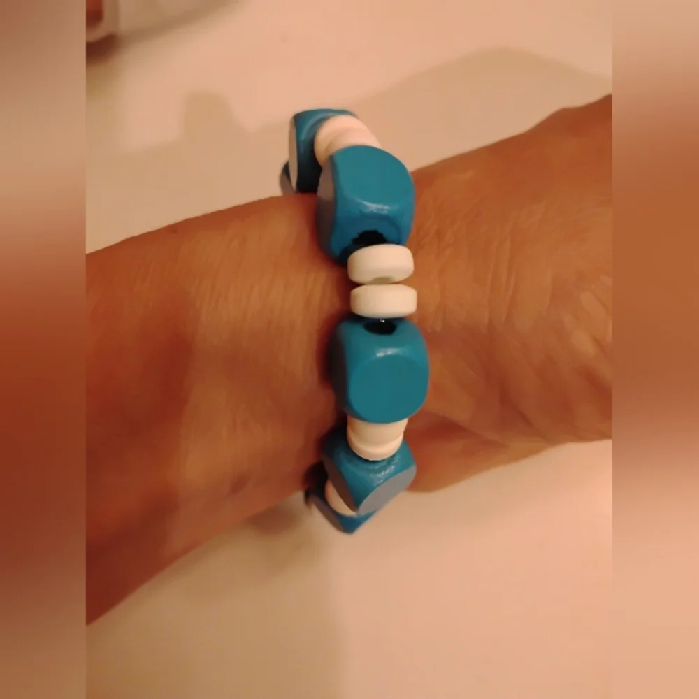 Blue and White Beaded Bracelet Wooden & Polymer Clay Beads Elastic String